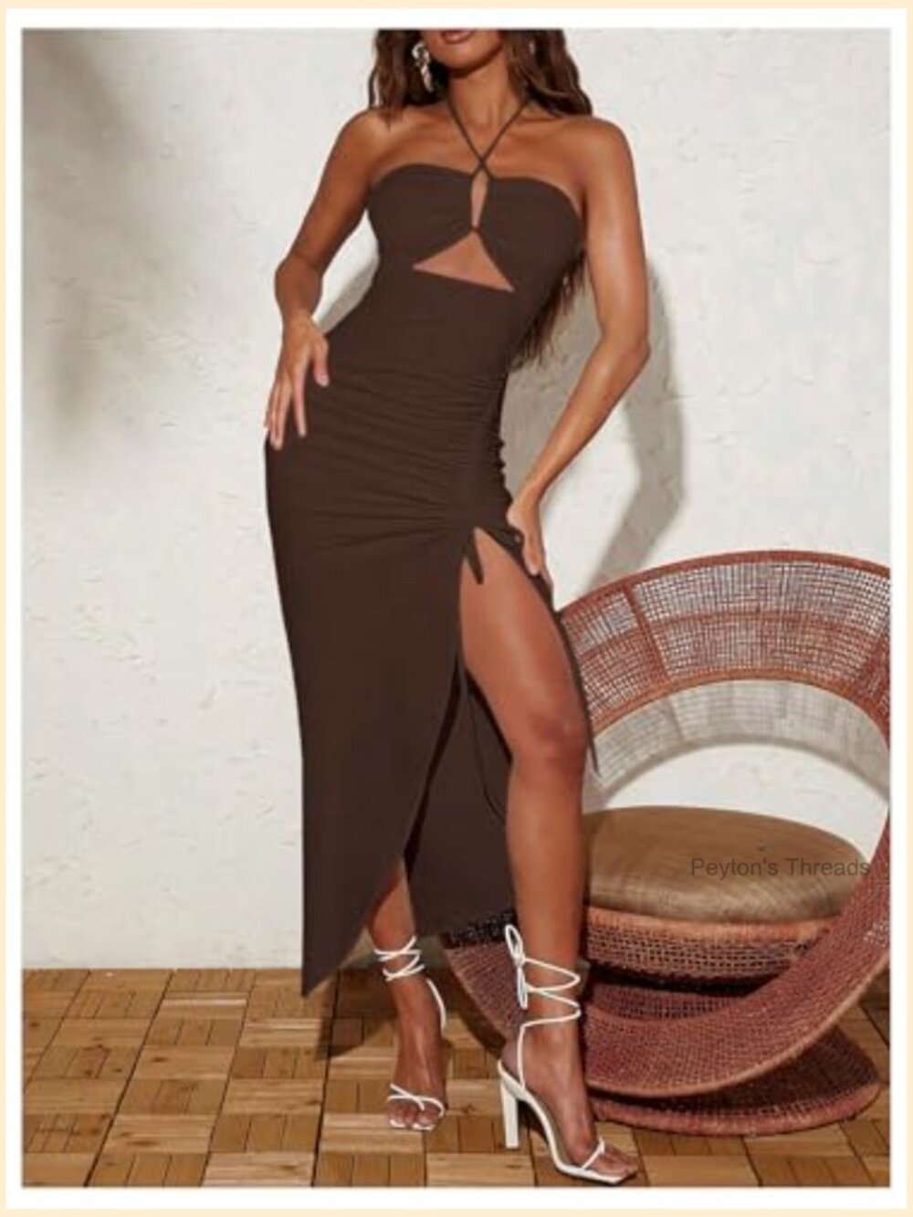 Cut Out Ruched Halter Bodycon Maxi Dress Drawstring Split Thigh - Picture 3 of 5
